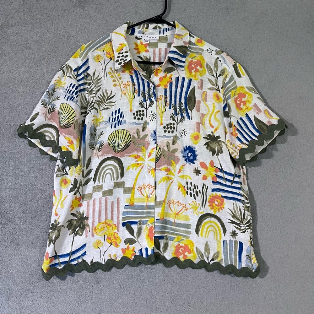 Jane & Delancey Large Summer Beach Print Blouse Button Front Women Short Sleeve